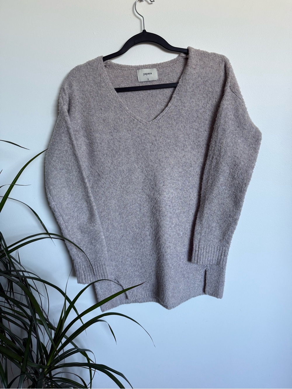 Papaya Light Taupe V-Neck Soft Knit Sweater